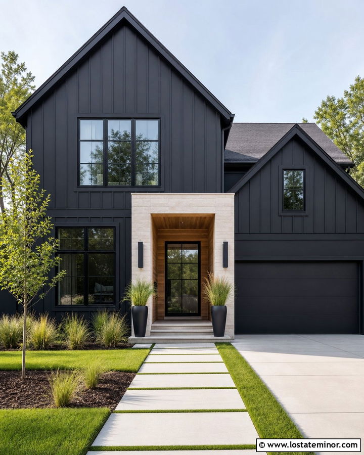 Black Board and Batten House With Glass Front Door - 30 Black House Design With Board and Batten Ideas