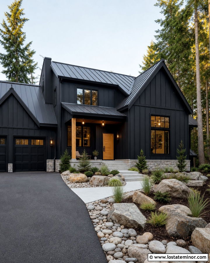 Black Board and Batten House With Gray Metal Roof - 30 Black House Design With Board and Batten Ideas