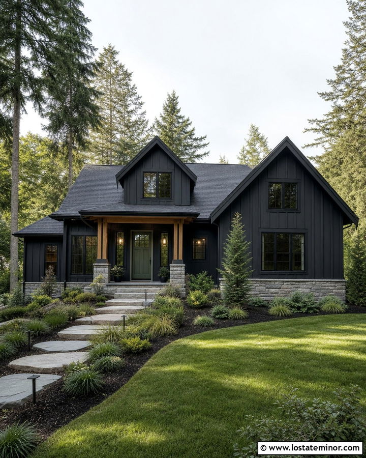 Black Board and Batten House With Green Front Door - 30 Black House Design With Board and Batten Ideas