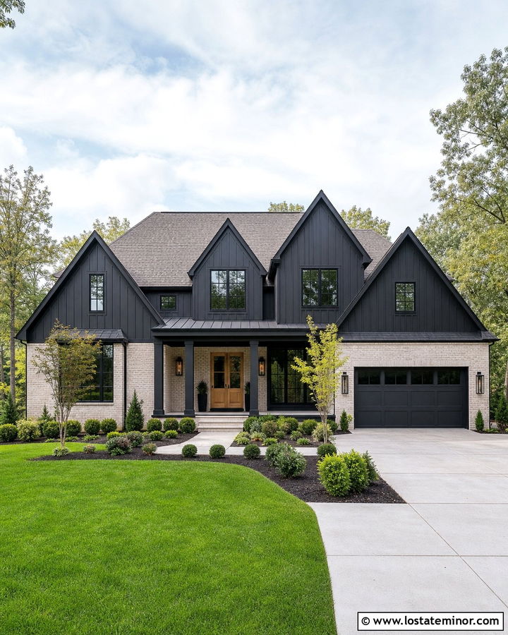 Black Board and Batten House With Light Brick - 30 Black House Design With Board and Batten Ideas