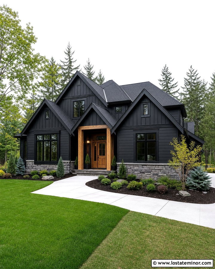 Black Board and Batten House With Mixed Siding - 30 Black House Design With Board and Batten Ideas
