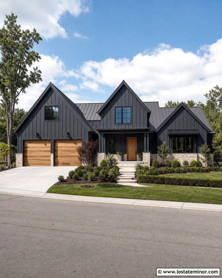 Black Board and Batten House With Natural Wood Garage Doors - 30 Black House Design With Board and Batten Ideas