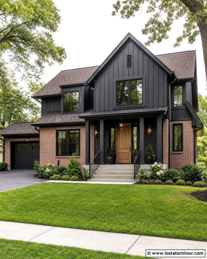Black Board and Batten House With Red Brick - 30 Black House Design With Board and Batten Ideas