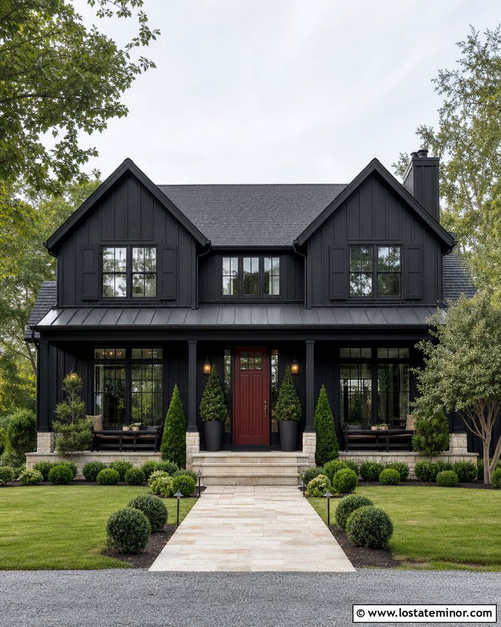 Black Board and Batten House With Red Front Door - 30 Black House Design With Board and Batten Ideas