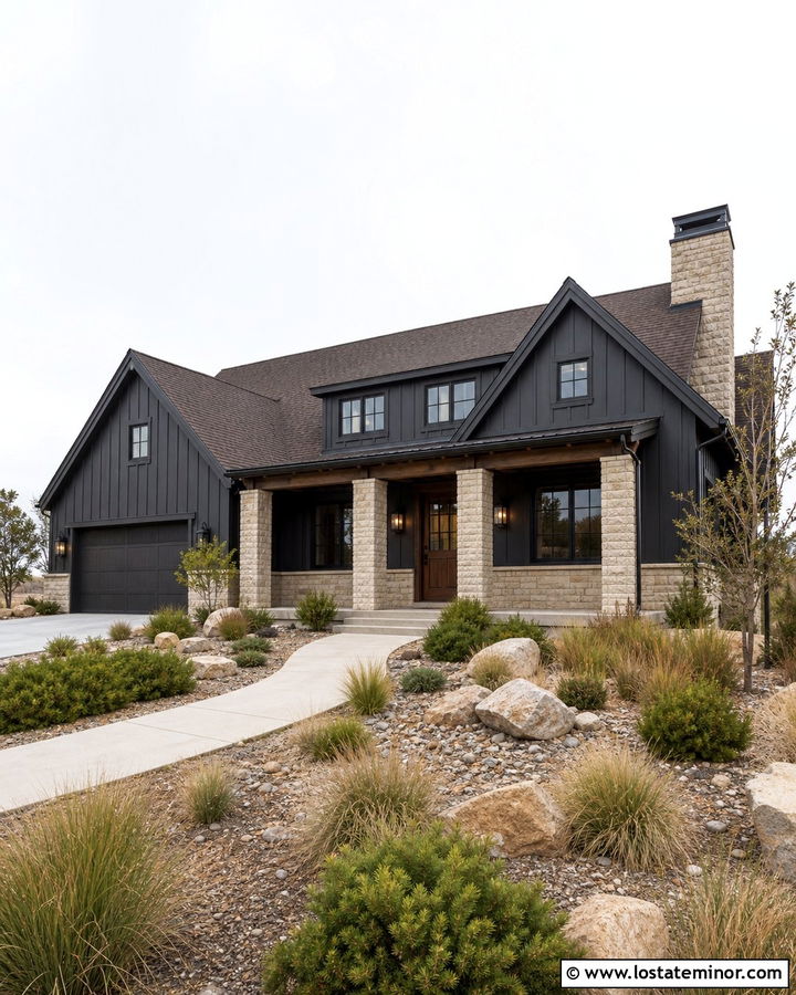 Black Board and Batten House With Tan Stone - 30 Black House Design With Board and Batten Ideas