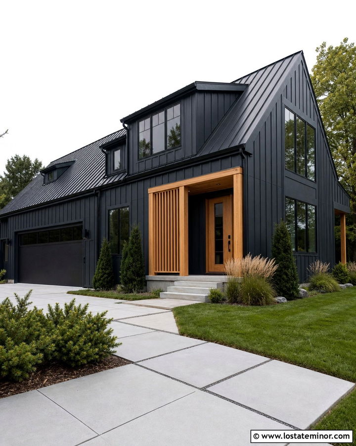 Black Board and Batten House With White Oak Entry - 30 Black House Design With Board and Batten Ideas