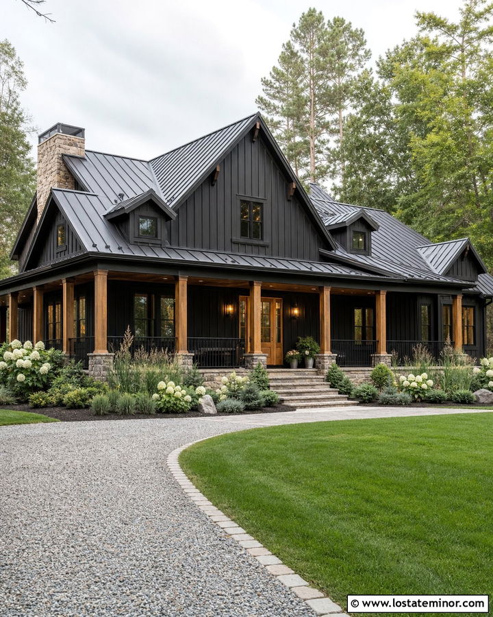Black Board and Batten House With Wraparound Porch - 30 Black House Design With Board and Batten Ideas