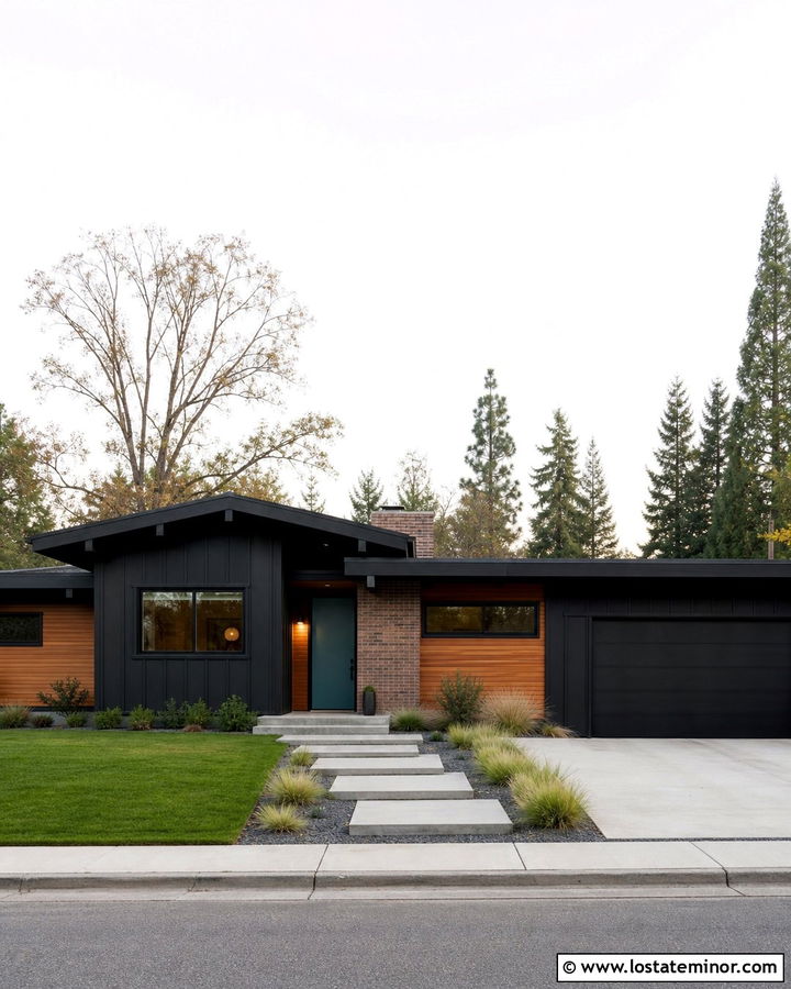 Black Board and Batten Midcentury Modern House - 30 Black House Design With Board and Batten Ideas