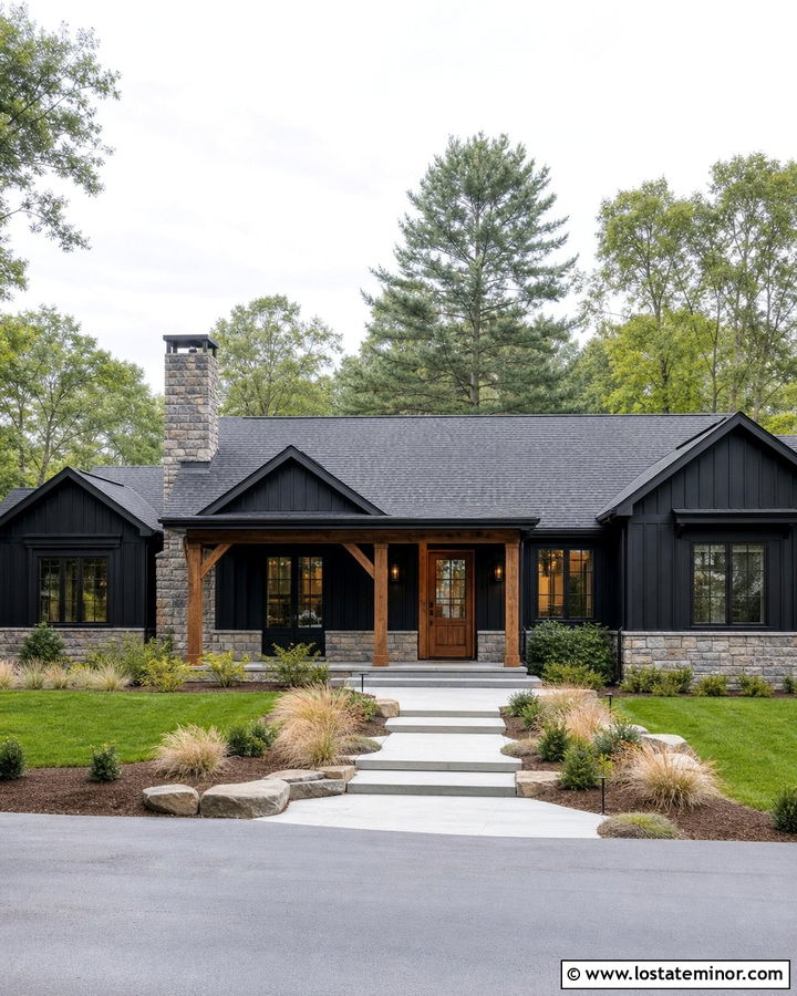 Black Board and Batten Ranch With Stone - 30 Black House Design With Board and Batten Ideas