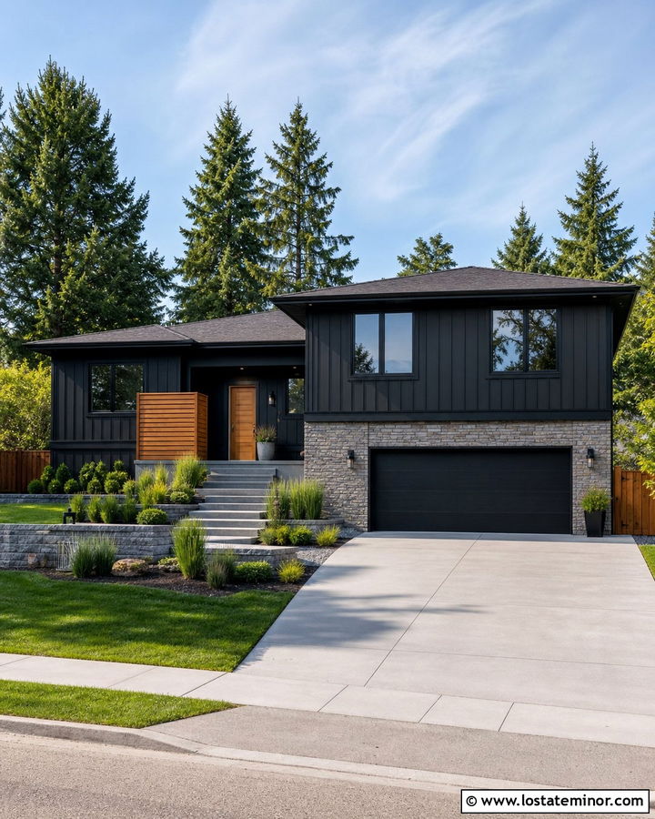 Black Board and Batten Split Level House - 30 Black House Design With Board and Batten Ideas