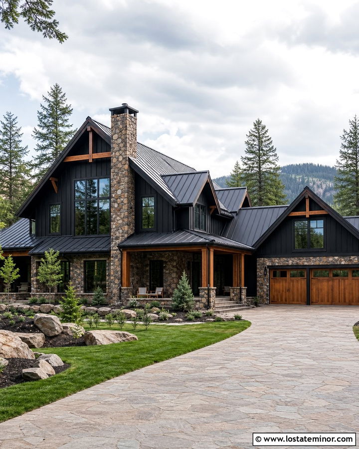Black Board and Batten With Brown Fieldstone - 30 Stone House Design With Board and Batten Ideas