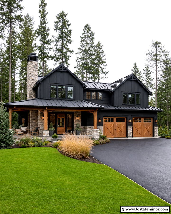 Black Board and Batten With Light Stone - 30 Stone House Design With Board and Batten Ideas