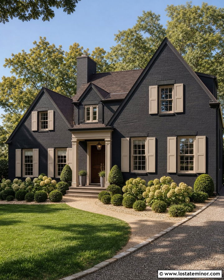 Black Brick House With Beige Shutters - 30 Black House Design With Shutters Ideas