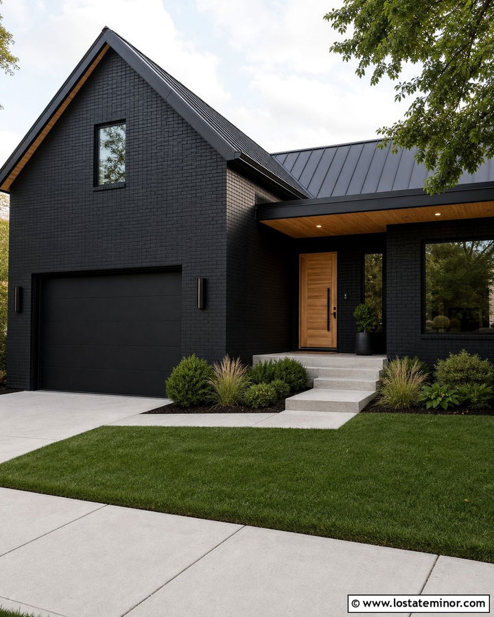 Black Brick House With Black Steel Garage Door - 30 Black House Design With Garage Door Ideas