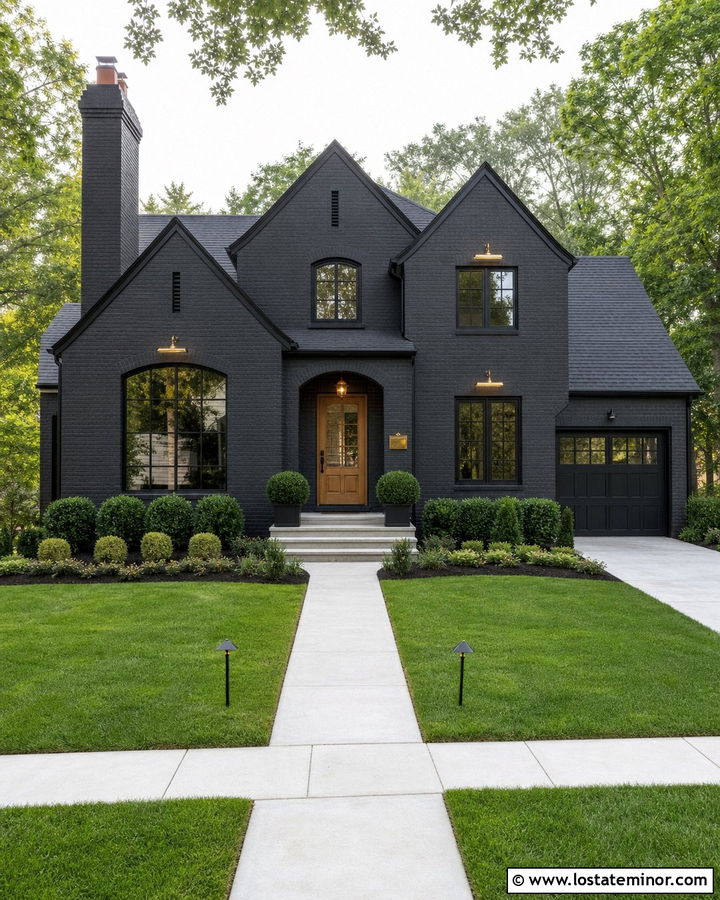 Black Brick House With Brass Picture Lights - 30 Black House Design With Lighting Ideas