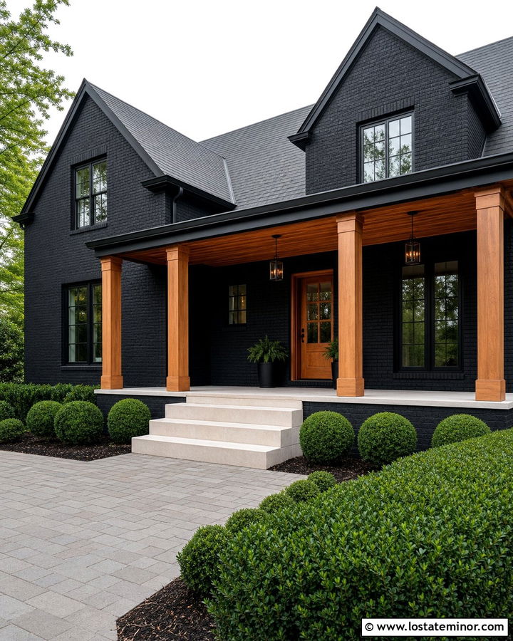 Black Brick House With Cedar Porch Ceiling - 30 Black House Design With Porch Ceiling Ideas
