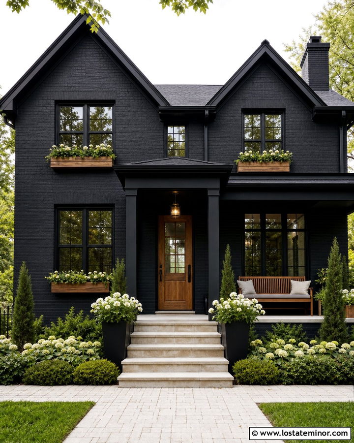 Black Brick House With Cedar Window Boxes - 30 Black House Design With Window Boxes Ideas