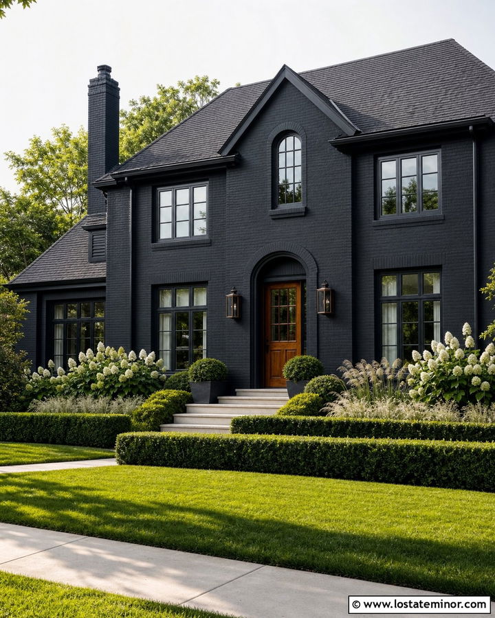 Black Brick House With Clipped Hedges - 30 Black House Design With Landscaping Ideas