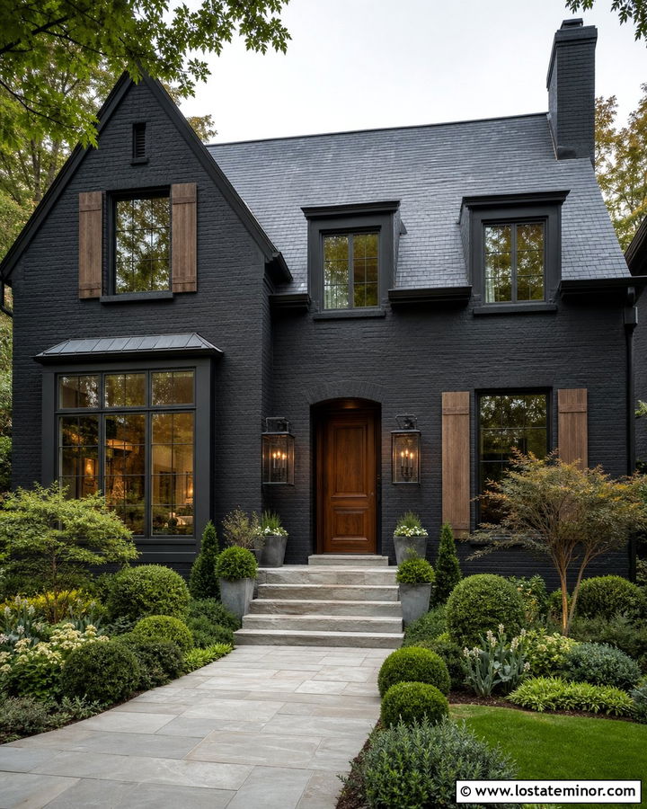 Black Brick House With Glass Lanterns - 30 Black House Design With Light Fixtures Ideas