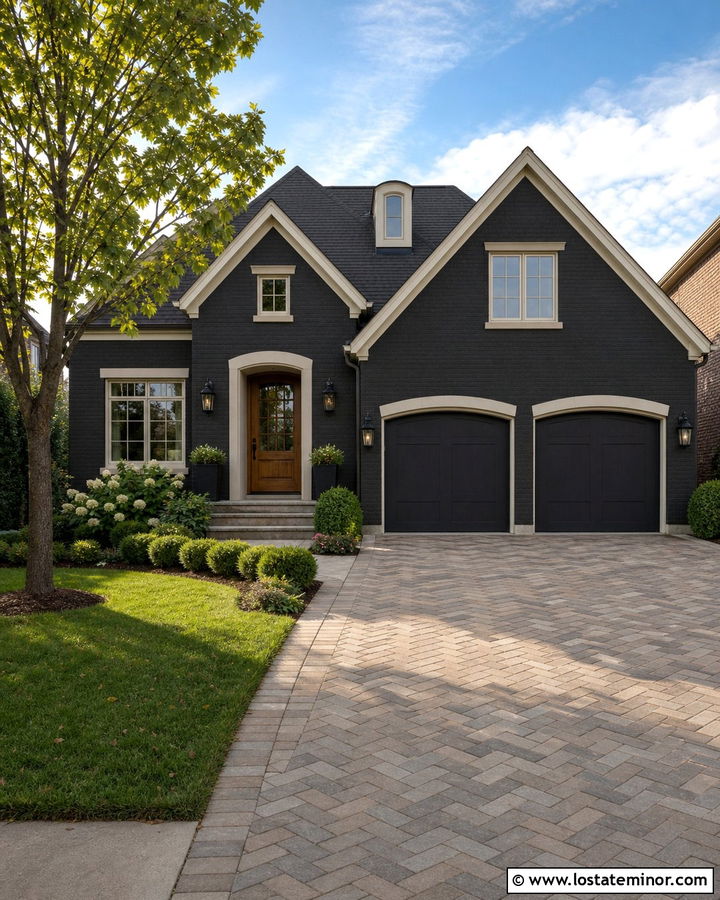 Black Brick House With Herringbone Driveway - 30 Black House Design With Driveway Ideas