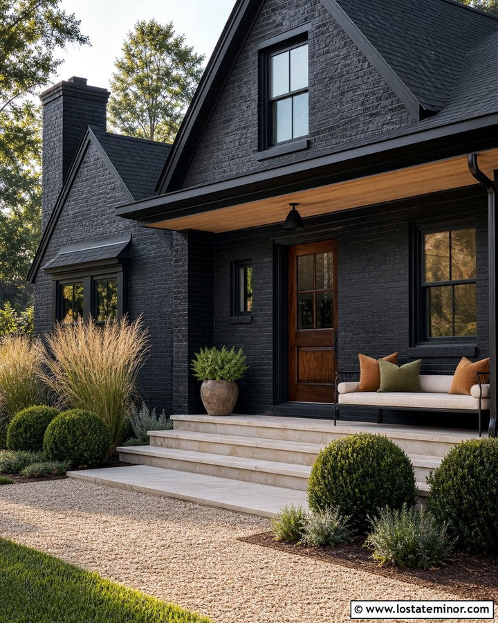 Black Brick House With Linen Daybed - 30 Black House Design With Daybed Ideas