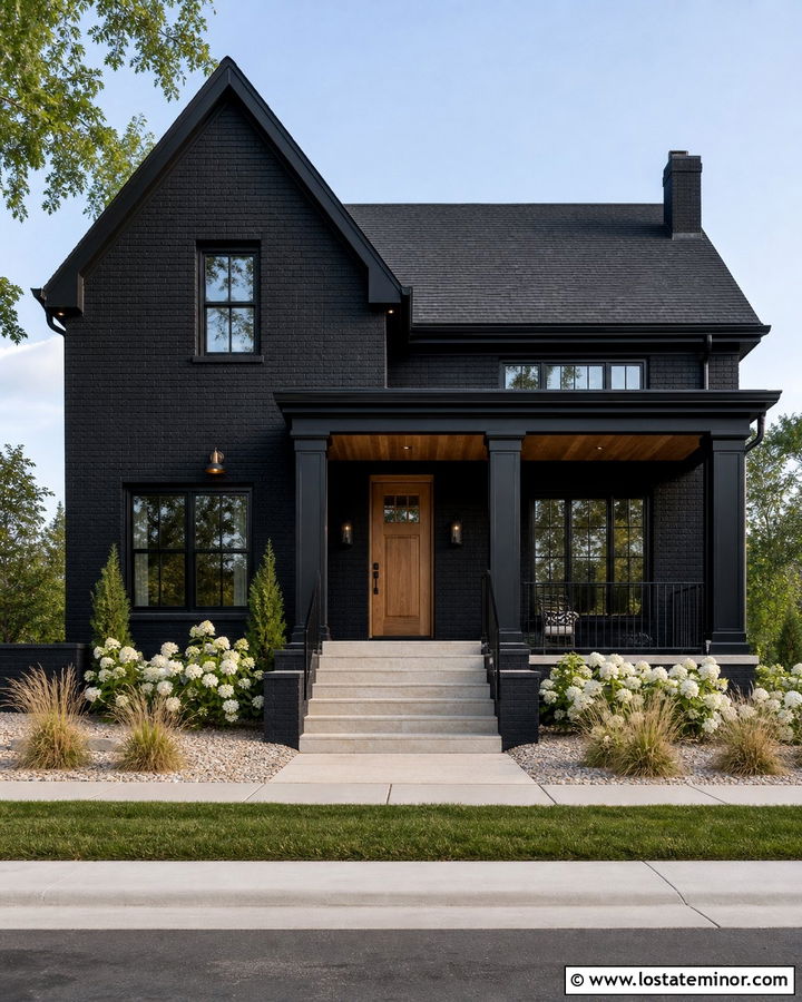 Black Brick House With Matching Black Columns - 30 Black House Design With Porch Columns Ideas