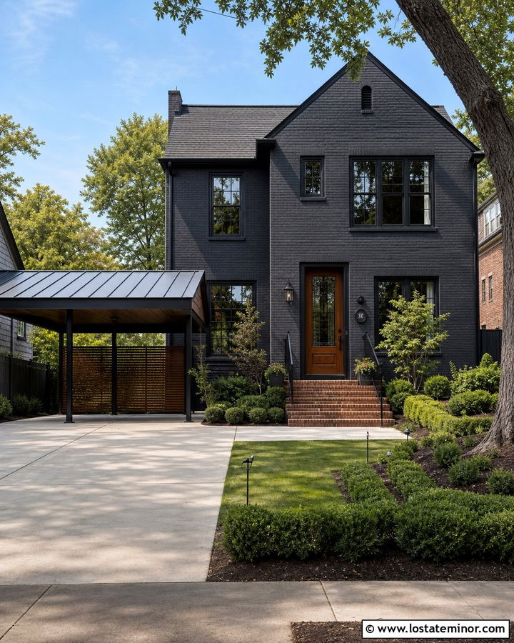 Black Brick House With Metal Carport - 30 Black House Design With Carport Ideas