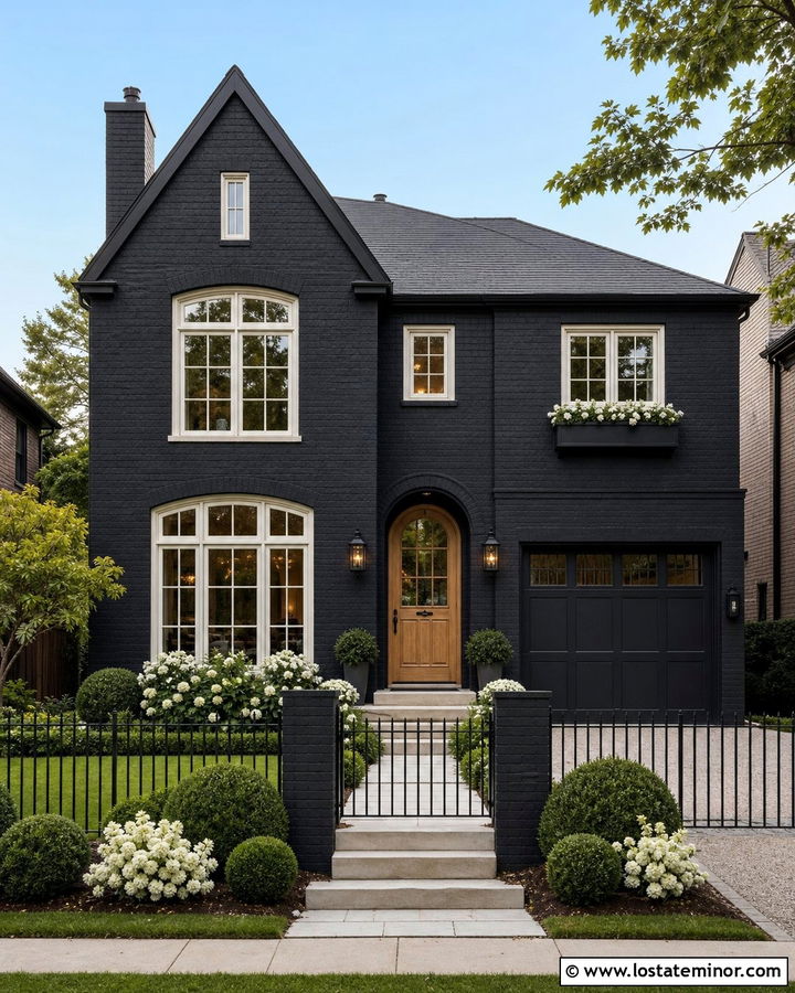 Black Brick House With Steel Fence - 30 Black House Design With Fence Ideas