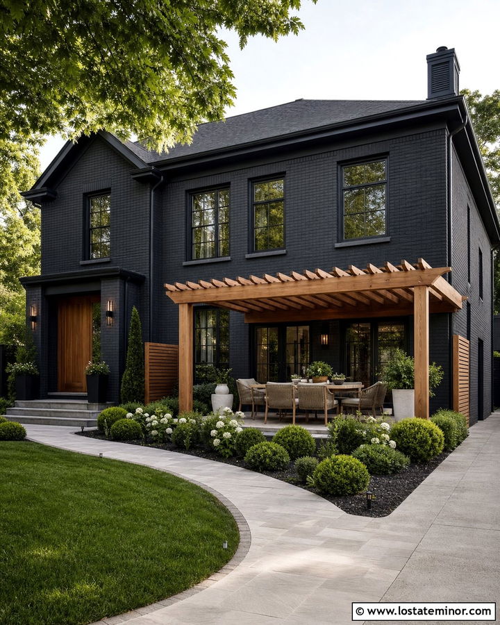 Black Brick House With Wood Pergola - 30 Black House Design With Pergola Ideas