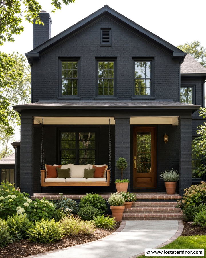 Black Brick House With Wooden Swing - 30 Black House Design With Swing Ideas