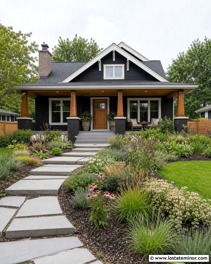 Black Bungalow House With Native Plant Yard - 30 Black House Design With Front Yard Ideas
