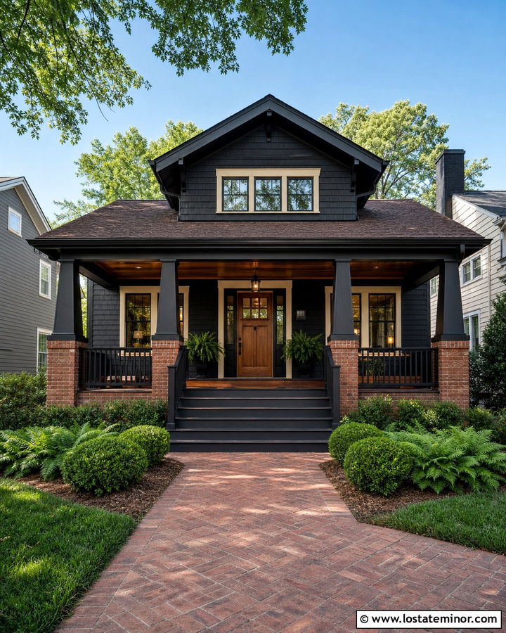 Black Bungalow With Brick Porch Columns - 30 Black House Design With Porch Columns Ideas