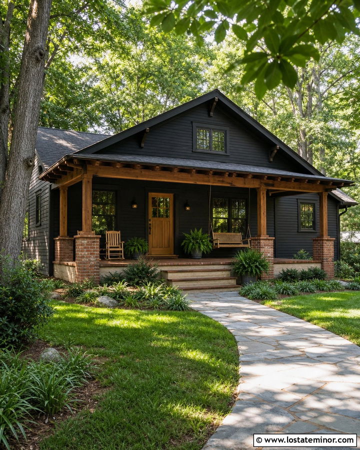 Black Bungalow With Cedar Front Porch - 30 Black House Design With Front Porch Ideas