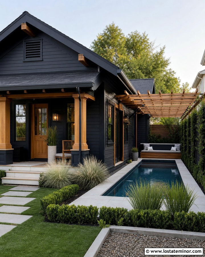 Black Bungalow With Compact Pool - 30 Black House Design With Swimming Pool Ideas