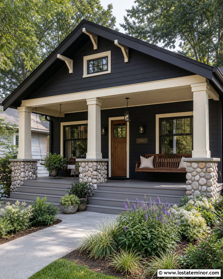Black Bungalow With Cream Beadboard Porch Ceiling - 30 Black House Design With Porch Ceiling Ideas