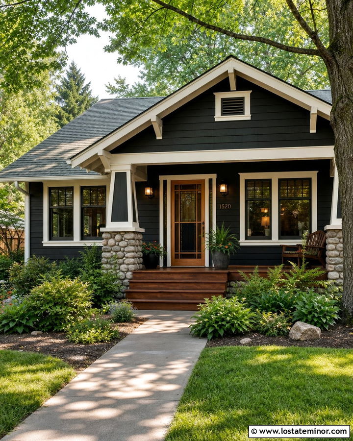 Black Bungalow With Decorative Wood Screen Door - 30 Black House Design With Screen Door Ideas