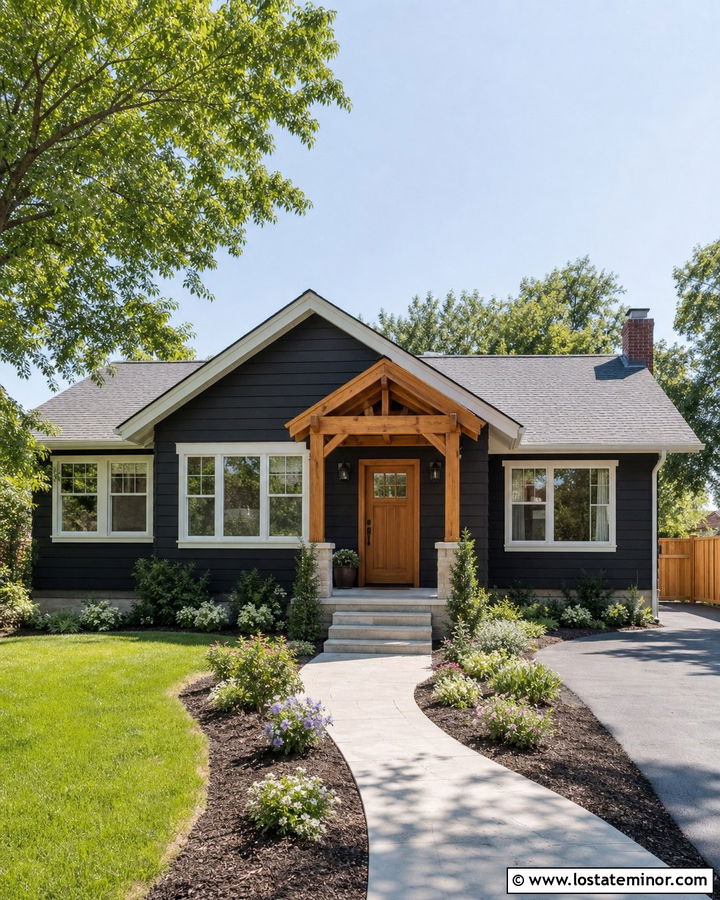 Black Bungalow With Front Entry Pergola - 30 Black House Design With Pergola Ideas