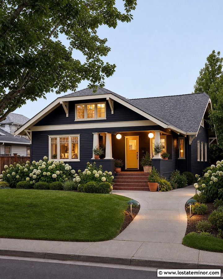 Black Bungalow With Globe Porch Lights - 30 Black House Design With Lighting Ideas