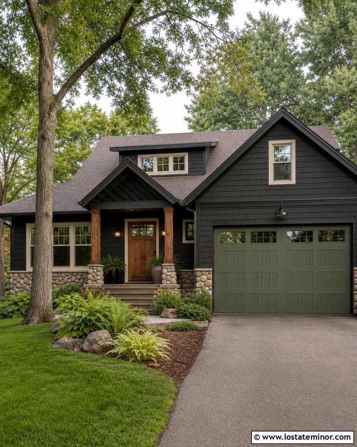 Black Bungalow With Green Garage Door - 30 Black House Design With Garage Door Ideas