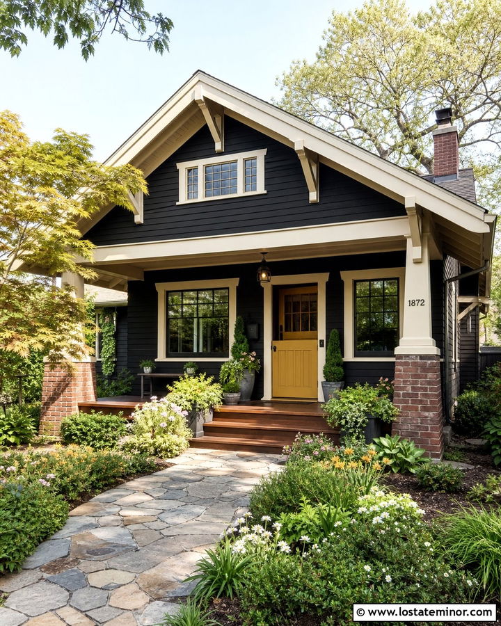 Black Bungalow With Mustard Yellow Dutch Door - 30 Black House Design With Dutch Door Ideas