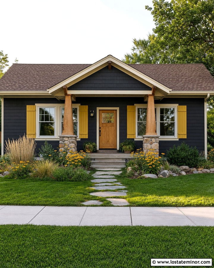 Black Bungalow With Mustard Yellow Shutters - 30 Black House Design With Shutters Ideas