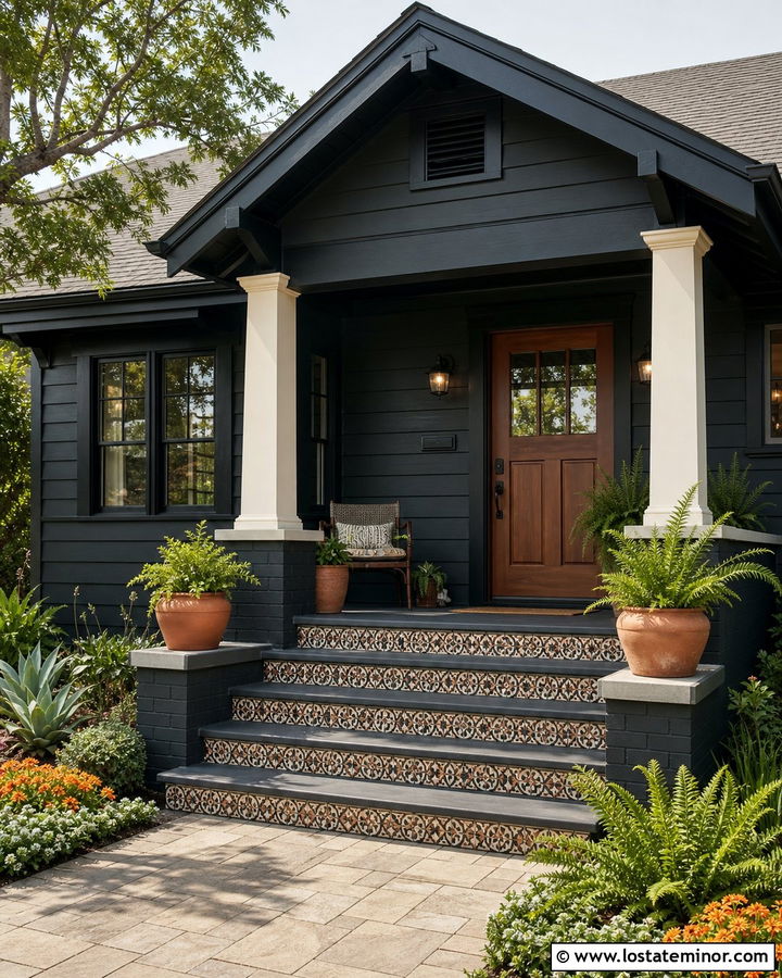 Black Bungalow With Patterned Tile Steps - 30 Black House Design With Steps Ideas