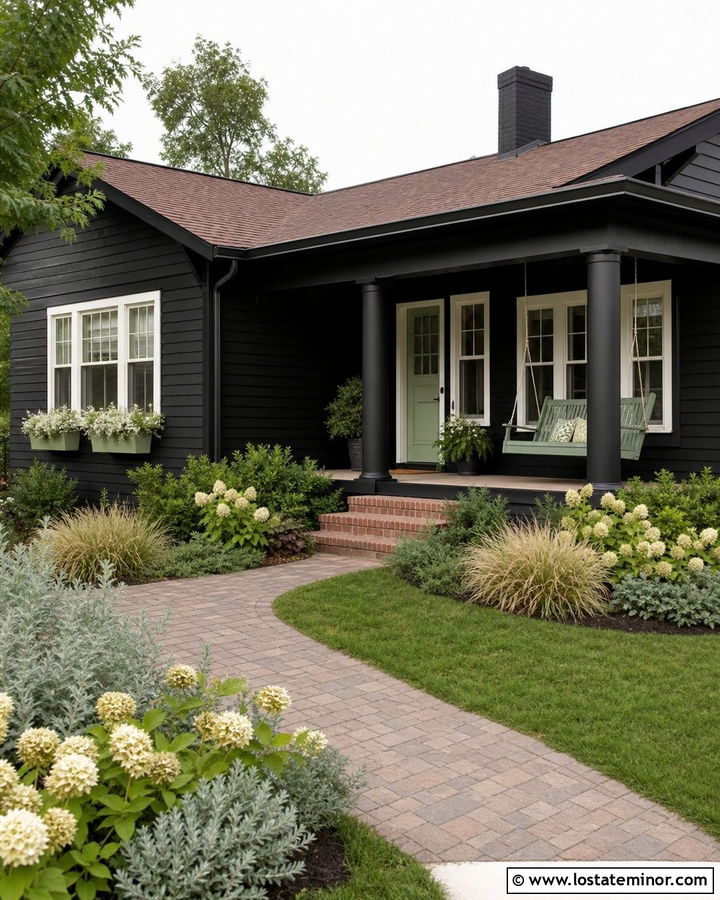 Black Bungalow With Sage Green Window Boxes - 30 Black House Design With Window Boxes Ideas
