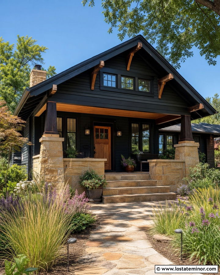 Black Bungalow With Sandstone Columns - 30 Black House Design With Stone Accents Ideas