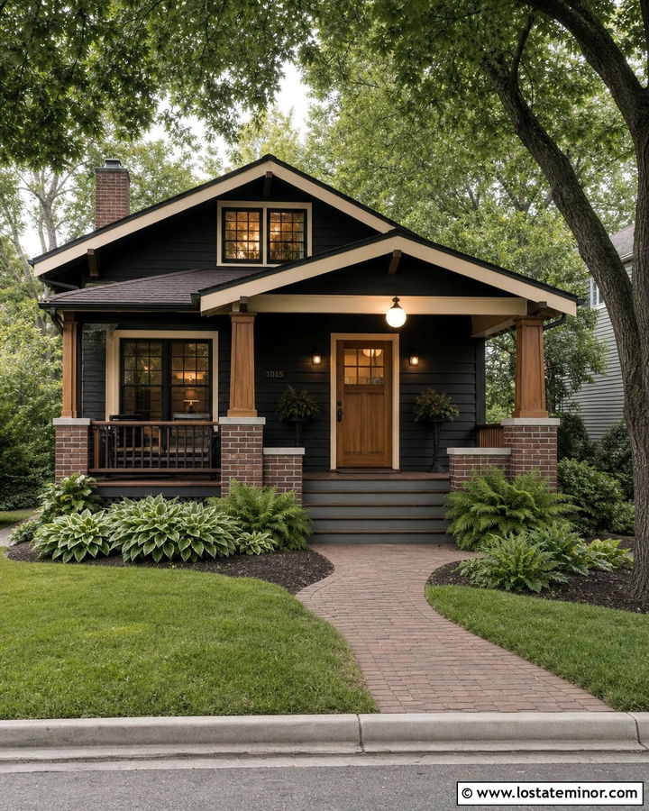 Black Bungalow With Schoolhouse Porch Light - 30 Black House Design With Light Fixtures Ideas