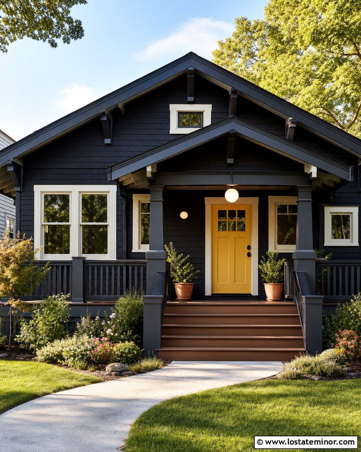Black Bungalow With Square Wood Railings - 30 Black House Design With Railings Ideas