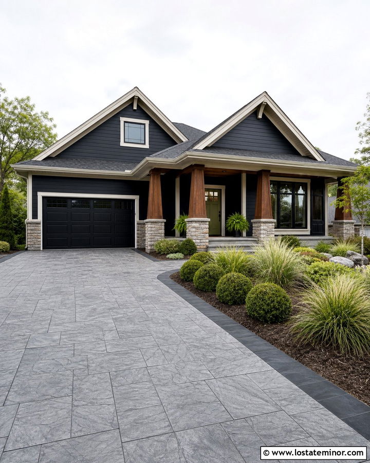 Black Bungalow With Stamped Concrete Driveway - 30 Black House Design With Driveway Ideas