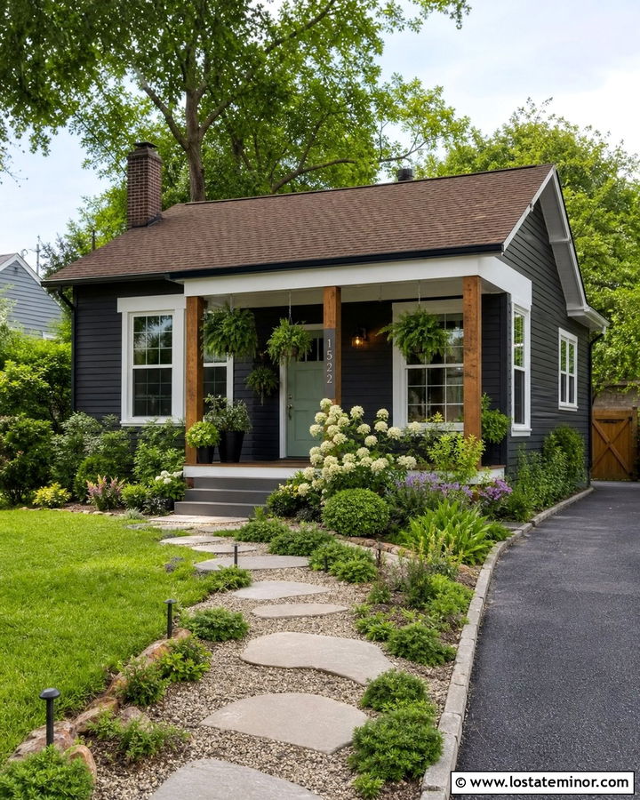 Black Bungalow With Stepping Stone Walkway - 30 Black House Design With Walkway Ideas