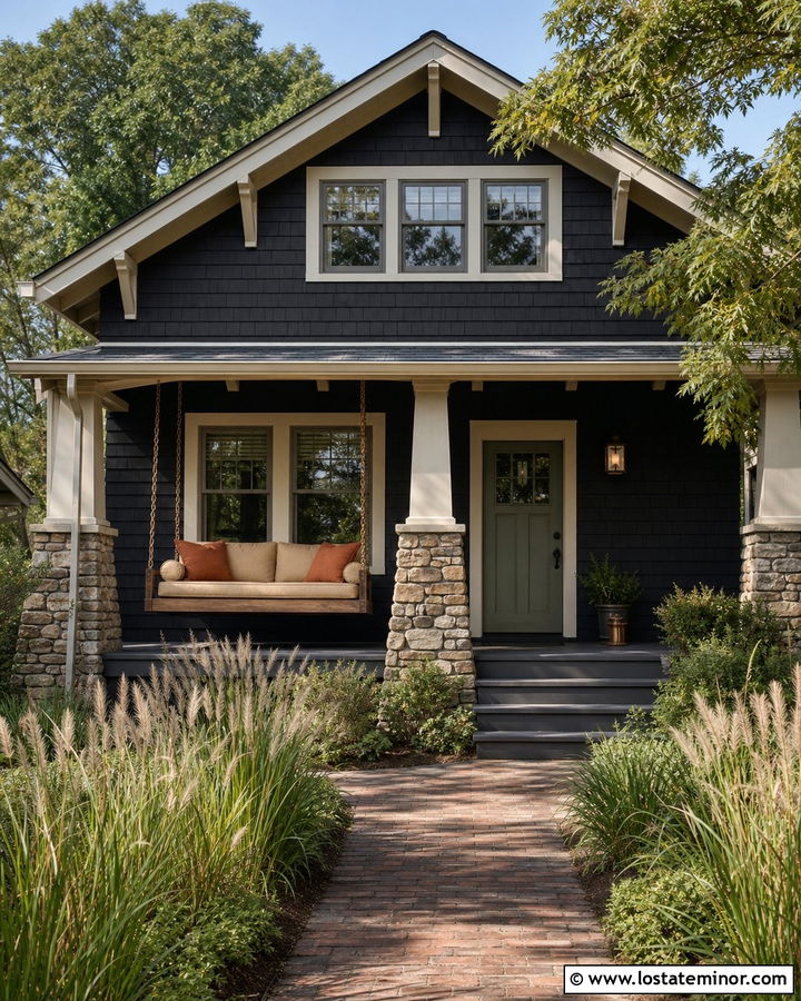 Black Bungalow With Vintage Porch Swing - 30 Black House Design With Swing Ideas