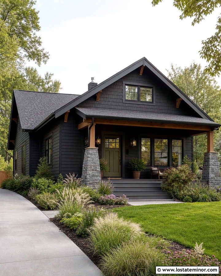 Black Bungalow With Wide Gable Porch - 30 Black House Design With Gables Ideas